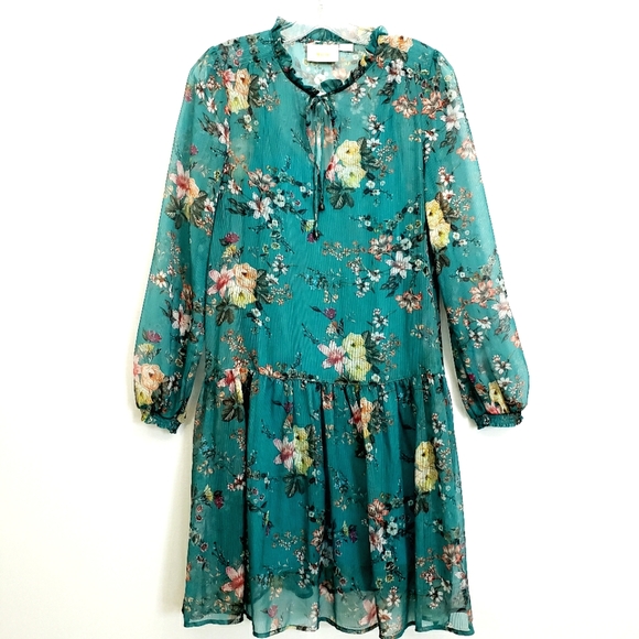 Nwot Maeve by Anthropologie Teal Floral Emmy Longsleeve Dress - Picture 3 of 16